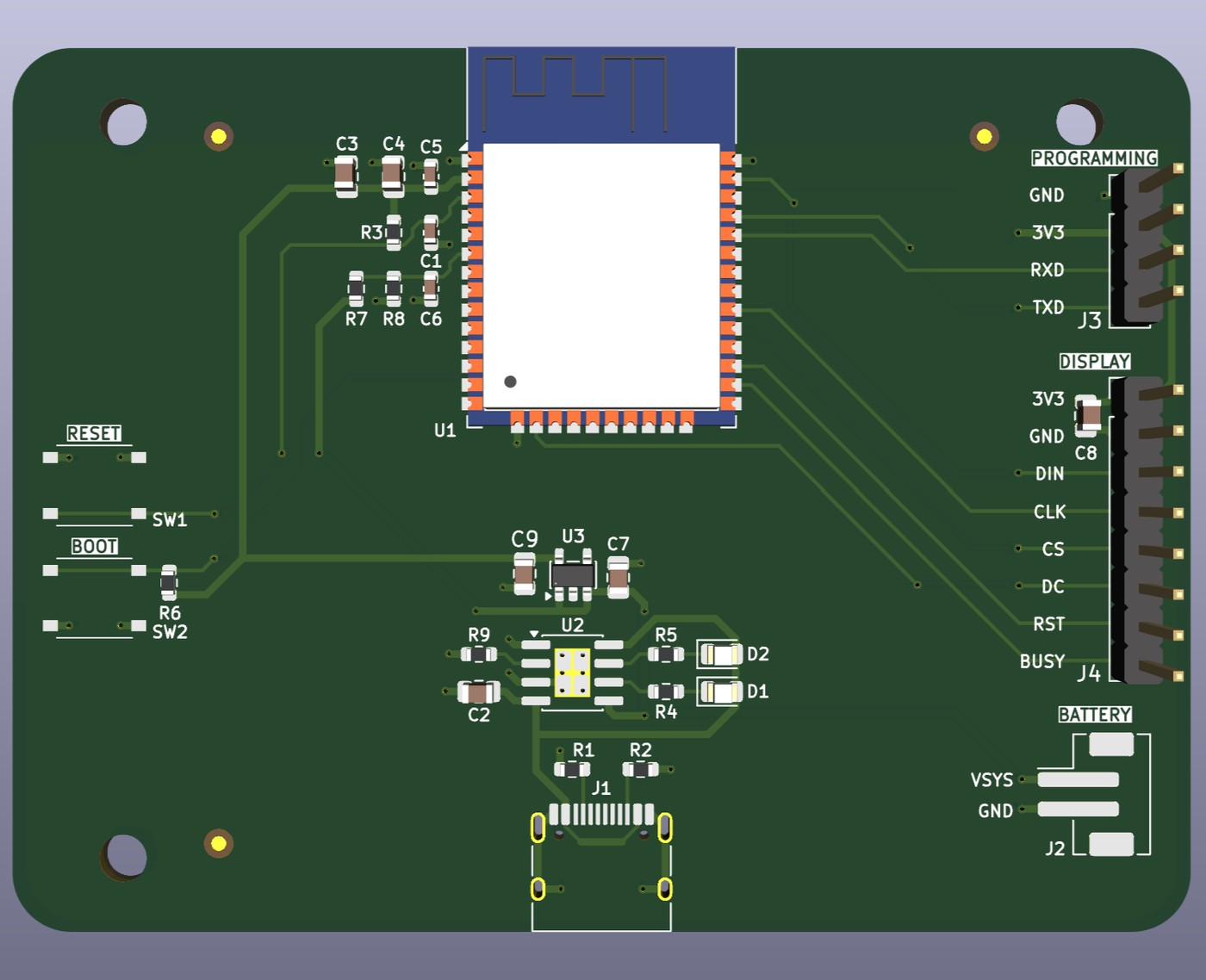 3D render of the Rev B.2 weather station board, showing the ESP32 module with its antenna at the top edge, the USB-C connector at the bottom, and the programming, display, and battery headers down the right side
